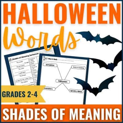Halloween Words Shades of Meaning Vocabulary Lesson Plans Writing Activities for grades 2-4. Includes worksheets with word webs, sentences, black bat graphics, and bold orange/white text—perfect for fun Halloween-themed learning.