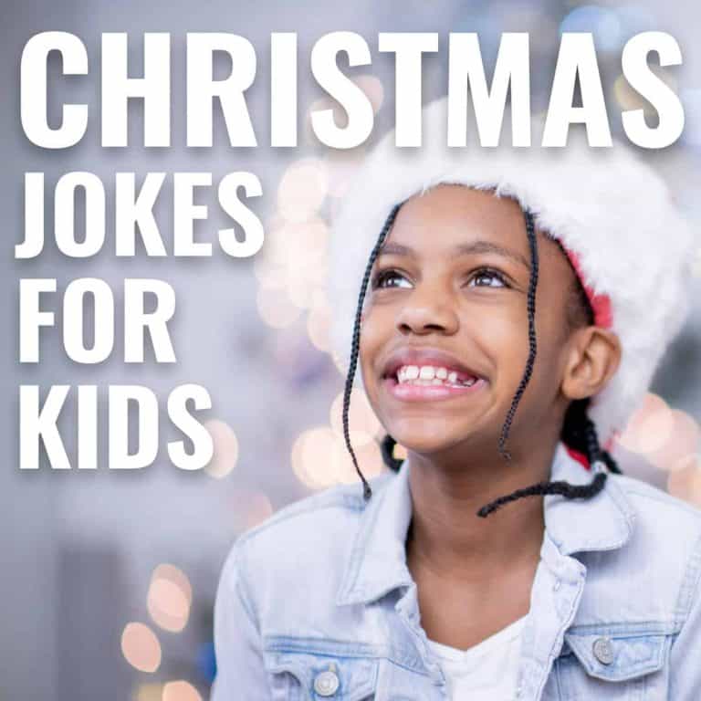 Smiling child in a Santa hat and denim jacket looks up with joy. Blurred holiday lights create a festive backdrop. Large text reads, Christmas Jokes for Kids – perfect for laughter and holiday fun!.