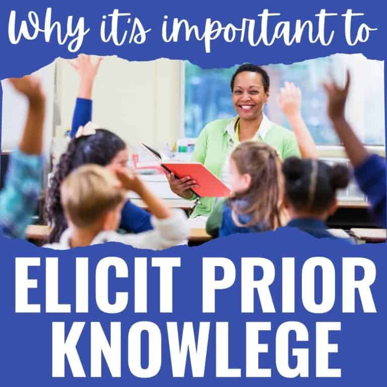 A teacher sits smiling at a desk holding a book while several students raise their hands; text above reads, Why it’s important to elicit prior knowledge.