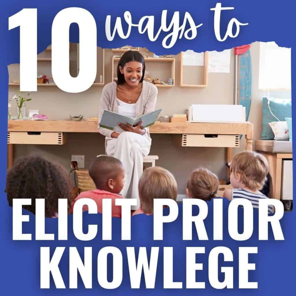 How to Teach Reading Comprehension in Elementary Classrooms 4 A teacher sits and reads to a group of young children in a classroom. Text above reads, 10 ways to elicit prior knowledge, offering creative strategies for engaging students from the very start.