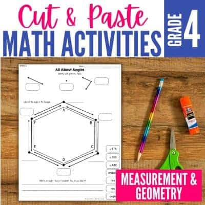 Fourth Grade Measurement & Geometry Test Prep Cut and Paste Math Activities: Engaging measurement and geometry exercises for Grade 4 focused on hexagon angles, with cut-and-paste tasks using a pencil, glue stick, and green scissors on a wooden surface.