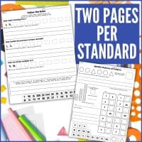 Fourth Grade Cut and Paste Math Activities OA & NBT Early Finishers Worksheets: Two pages per standard featuring number patterns, cut-and-paste, number grids, instructions—with pencils, erasers, and rulers on the desk.