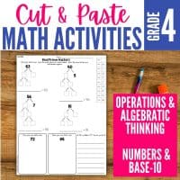 A Fourth Grade Cut and Paste Math Activities OA & NBT Early Finishers Worksheet sits on a desk with colored pencils, featuring engaging prime factors, operations, algebraic thinking, and base-10 tasks. "Math Activities" and "Grade 4" are highlighted.