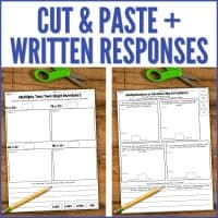 The "Fourth Grade Cut and Paste Math Activities OA & NBT Early Finishers Worksheets" are shown on a wooden surface with a pencil and green scissors, featuring multiplication and word problems with spaces for written answers.