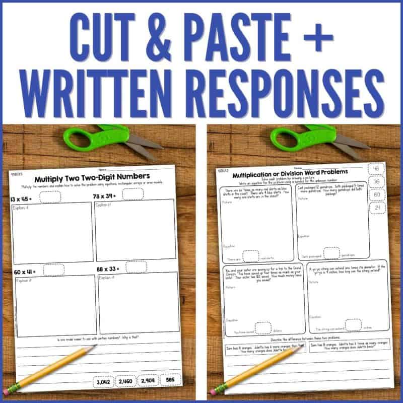 4th grade OA NBT Cut and paste math activities 3 The "Fourth Grade Cut and Paste Math Activities OA & NBT Early Finishers Worksheets" are shown on a wooden surface with a pencil and green scissors, featuring multiplication and word problems with spaces for written answers.