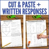 A hand completes a cut and paste activity from the Fourth Grade Math Worksheets BUNDLE—ALL Standards Cut & Paste Problems & Write—featuring worksheets on lines, angles, and expressing measurements in smaller units. Scissors, pencil, and glue stick are nearby.