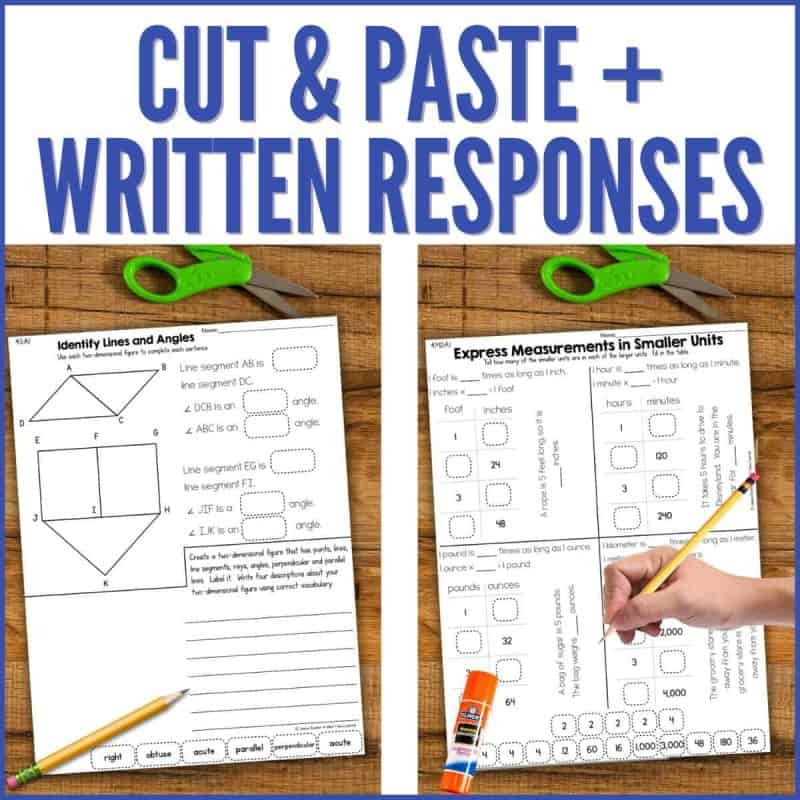 Cut & Paste 4th grade bundle 3 A hand completes a cut and paste activity from the Fourth Grade Math Worksheets BUNDLE—ALL Standards Cut & Paste Problems & Write—featuring worksheets on lines, angles, and expressing measurements in smaller units. Scissors, pencil, and glue stick are nearby.