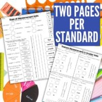 The Fourth Grade Measurement & Geometry Test Prep Cut and Paste Math Activities shows two math worksheet pages on school supplies, with a bold blue box reading "Two Pages Per Standard." The worksheets feature questions, matching, and cut and paste activities.