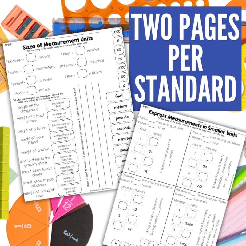 Cut & Paste Math Worksheets 4th grade Measurement & Geometry 3 The Fourth Grade Measurement & Geometry Test Prep Cut and Paste Math Activities shows two math worksheet pages on school supplies, with a bold blue box reading "Two Pages Per Standard." The worksheets feature questions, matching, and cut and paste activities.