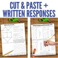 The Fourth Grade Measurement & Geometry Test Prep Cut and Paste Math Activities features two worksheets on a wooden table with pencil, scissors, and glue—one for identifying lines and angles, the other for expressing measurements in smaller units.