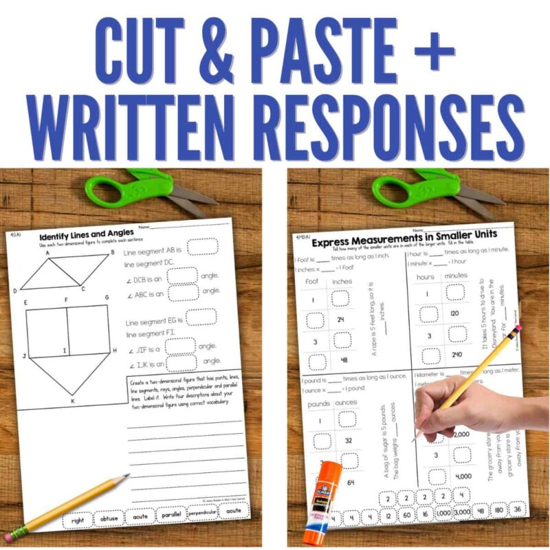 Cut & Paste Math Worksheets 4th grade Measurement & Geometry 4 The Fourth Grade Measurement & Geometry Test Prep Cut and Paste Math Activities features two worksheets on a wooden table with pencil, scissors, and glue—one for identifying lines and angles, the other for expressing measurements in smaller units.