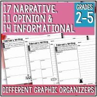 Image of "February Writing Prompts - Valentine's Day Opinion, Narrative, Informational" featuring 17 narrative, 11 opinion, and 14 informational graphic organizers for grades 2–5. Label at the bottom reads "Different Graphic Organizers.