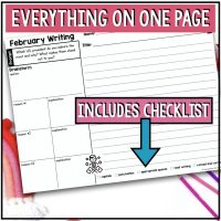 The February Writing Prompts - Valentine's Day Opinion, Narrative, Informational worksheet features a US president question with brainstorming, reasons and explanations, plus a writing checklist—all on one page.