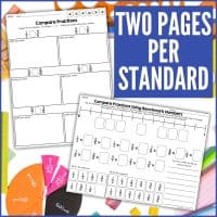 The Fourth Grade Fractions Test Prep Cut and Paste Math Activities features two colorful worksheets on comparing fractions, displayed with math manipulatives. A blue box highlights "TWO PAGES PER STANDARD" in bold white text.
