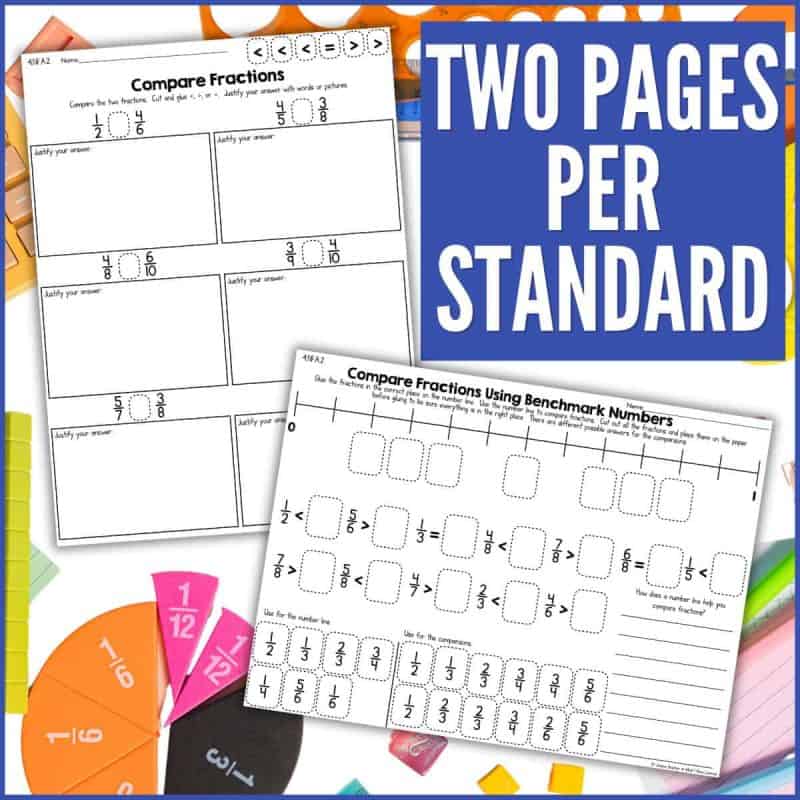 cutandpastefractions2 The Fourth Grade Fractions Test Prep Cut and Paste Math Activities features two colorful worksheets on comparing fractions, displayed with math manipulatives. A blue box highlights "TWO PAGES PER STANDARD" in bold white text.