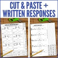 Fourth Grade Fractions Test Prep Cut and Paste Math Activities shown on a wooden surface with scissors and a pencil. One worksheet covers subtracting mixed numbers, the other builds expressions. Both offer interactive cut and paste tasks for answers.