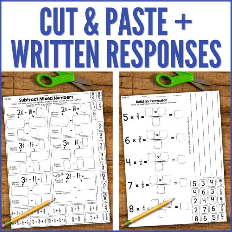 cutandpastefractions3 Fourth Grade Fractions Test Prep Cut and Paste Math Activities shown on a wooden surface with scissors and a pencil. One worksheet covers subtracting mixed numbers, the other builds expressions. Both offer interactive cut and paste tasks for answers.
