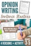 A poster for opinion writing sentence starters with worksheets, a child writing with a purple pen, and text: Build writing skills, boost confidence, Grades 3-5, 4 versions + activity. Perfect for teaching opinion writing in the classroom.