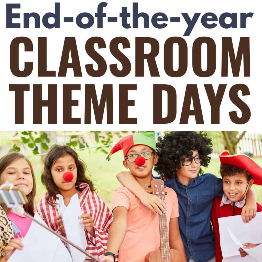 Five children in costume stand outdoors, smiling and holding papers and a ukulele, beneath a large sign for SQUARE End of the Year Classroom Theme Days.