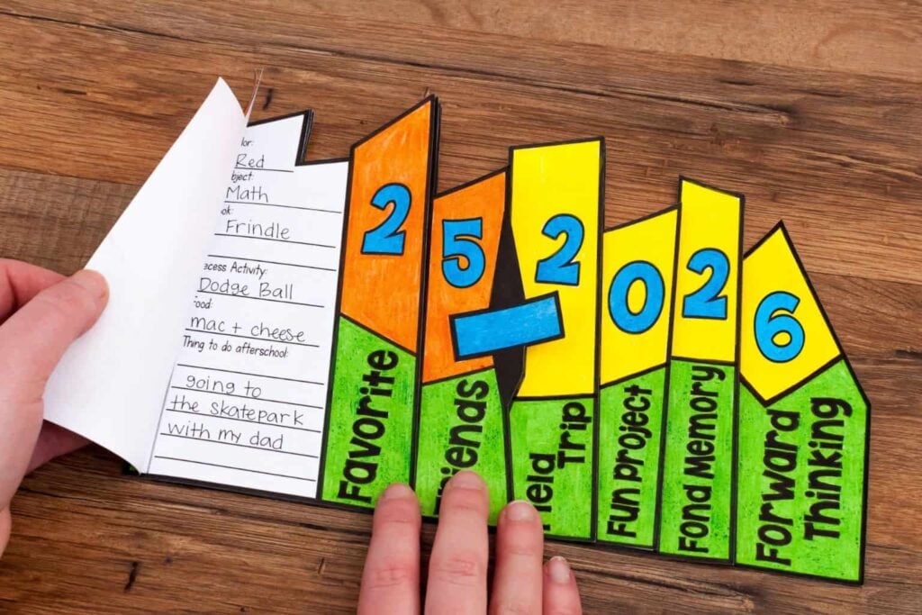 A hand flips through the EOY Flapbook assembled&mdash;a colorful, tabbed booklet labeled &ldquo;2025,&rdquo; &ldquo;Friends,&rdquo; &ldquo;Field Trip,&rdquo; and more&mdash;filled with handwritten notes and memories, displayed on a wooden table.