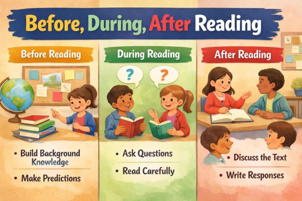 How to Teach Reading Comprehension in Elementary Classrooms 2 The "Before During and After Reading (1)" chart illustrates three reading stages: build knowledge before, ask questions during, and discuss or write responses after—helping teach children reading comprehension with visual tips.