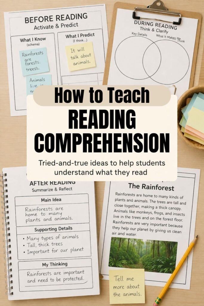 How to Teach Reading Comprehension in Elementary Classrooms 1 The "How to Teach Reading Comprehension (1)" guide includes worksheets and activities for before, during, and after reading. A pencil, sticky notes, and a green plant are displayed beside the materials on a wooden desk.