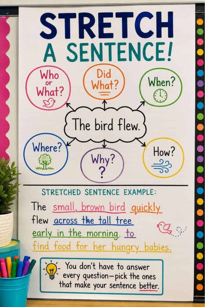 How to Teach Stretch a Sentence: Examples for Grades 1-5 3 The Stretch a Sentence Anchor Chart (1) illustrates how to expand sentences by answering Who, Did what, When, Where, Why, and How, using an example and instructional tip to guide the process.