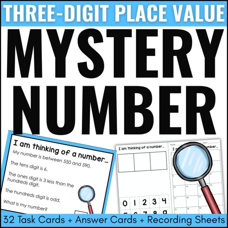 Three-Digit Place Value Mystery Number Task Cards: Fun & Engaging Math Centers 4 A worksheet cover labeled Mystery Number Place Value features images of task cards, a magnifying glass, and recording sheets. Text highlights 32 place value mystery number task cards, answer cards, and recording sheets.