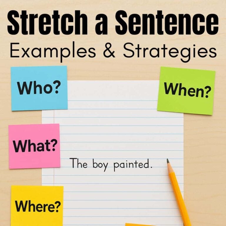 Stretch a Sentence writing activity example with colorful sticky notes labeled Who, What, Where, When, Why, and How around the sentence 'The boy painted.' Pencil on lined paper with wood desk background.