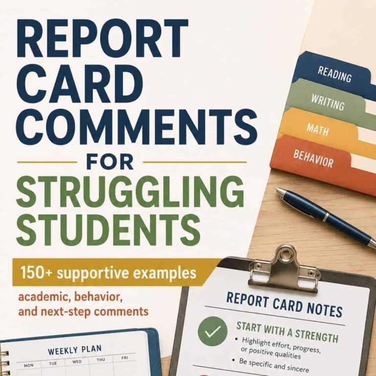 A graphic featuring the Comments for Struggling Students product title, supportive example comments, file folders labeled Reading, Writing, Math, and Behavior, plus a clipboard with notes and a weekly plan—ideal for educators searching for effective report card comments for struggling students.
