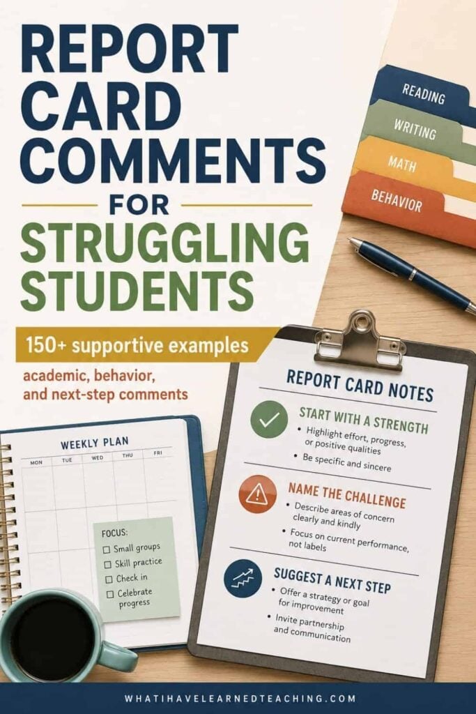 150+ Report Card Comments for Struggling Students (Supportive & Constructive Examples) 1 A clipboard with Report Card Comments for Struggling Students and colorful tabs labeled Reading, Writing, Math, and Behavior sits next to a weekly plan sheet. With over 150 supportive example comments included, this resource offers guidance for educators. A cup of coffee is nearby.