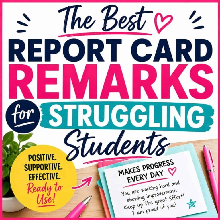 A vibrant graphic features bold text: Report Card Comments for Struggling Students. A sticky note reads: Positive. Supportive. Effective. Ready to Use! with a report card displaying uplifting comments.