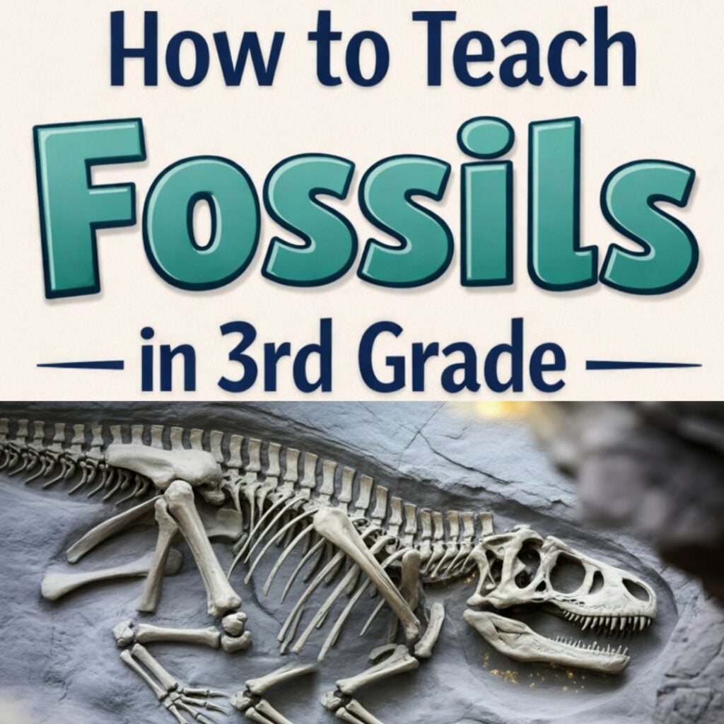 Text reads How to Teach Fossils in 3rd Grade above an image of a large dinosaur fossil skeleton embedded in rock, highlighting the fascinating world of fossils for young learners.