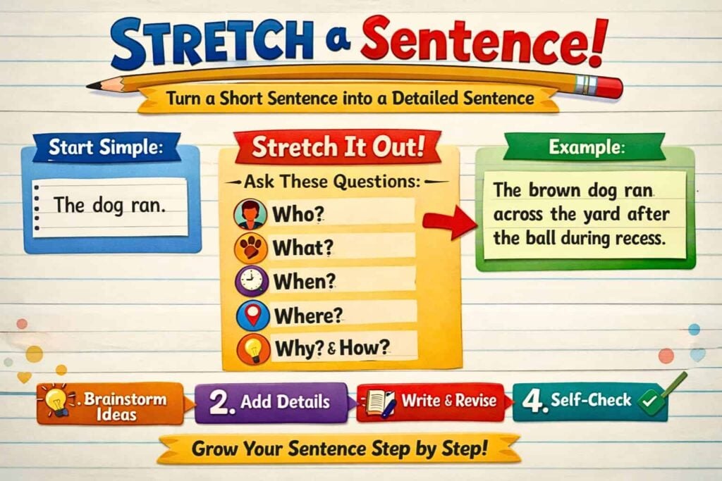 The BLOG Stretch a Sentence How To (1) educational graphic shows how to expand sentences by brainstorming, adding details, writing, revising, and self-checking, using a dog running as the example.