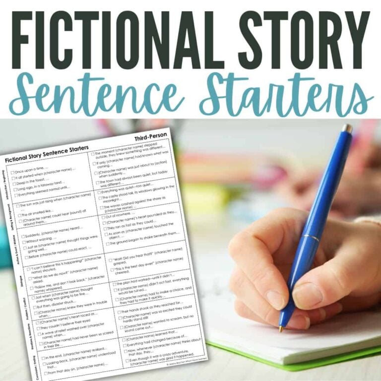 A person writes in a notebook with a blue pen. In the foreground, a printed sheet titled Fictional Story Sentence Starters displays various fictional narrative sentence starters. The background is blurred, featuring soft pastel colors.
