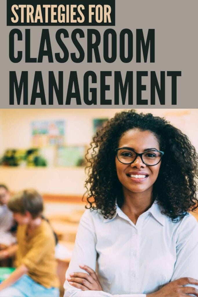 Strategies for Classroom Management That Actually Work in Elementary Classrooms 1 A smiling teacher with curly hair and glasses stands in a classroom with children in the background. Text above her highlights effective strategies for classroom management.