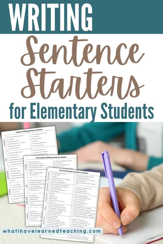 Writing Sentence Starters for Elementary Students (Grades 3–5) 1 A student writes in a notebook with a purple pencil, while writing sentence starters worksheets for elementary students are displayed in the foreground. The website whatihavelearnedteaching.com appears at the bottom.