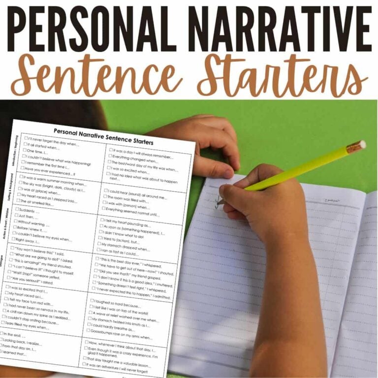 A child writes in a notebook with a pencil. Next to them is a worksheet titled Personal Narrative Sentence Starters, featuring a list of prompts to help begin personal stories.