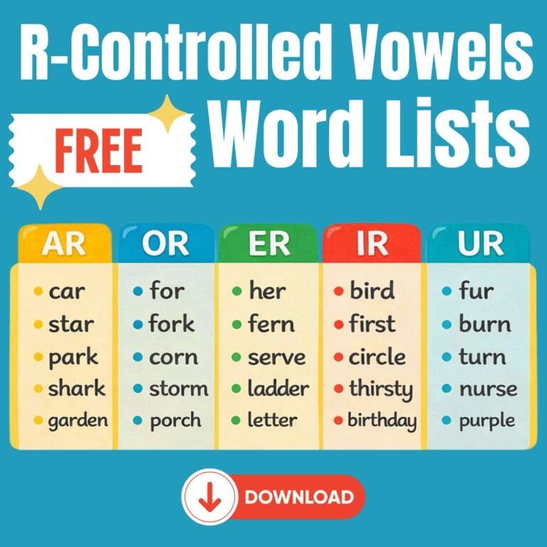 Colorful chart titled R-Controlled Vowels Word Lists displays R-controlled word lists in columns for AR, OR, ER, IR, and UR sounds with six sample words each. Includes a Free label and a red download button.
