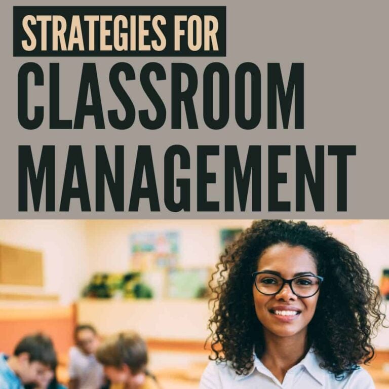 A smiling woman with curly hair and glasses stands in a classroom. Large text above her highlights effective strategies for classroom management. Blurred students and colorful decorations can be seen in the background.