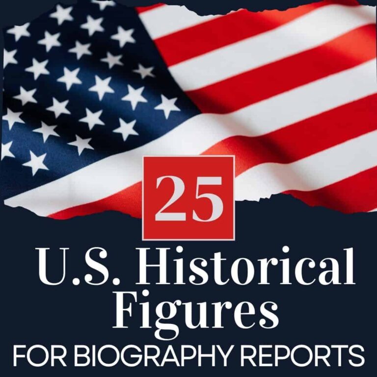 An image of a waving American flag with a torn paper effect at the top. In the center is a red box with 25. Below, white text reads: U.S. Historical Figures for Biography Reports.