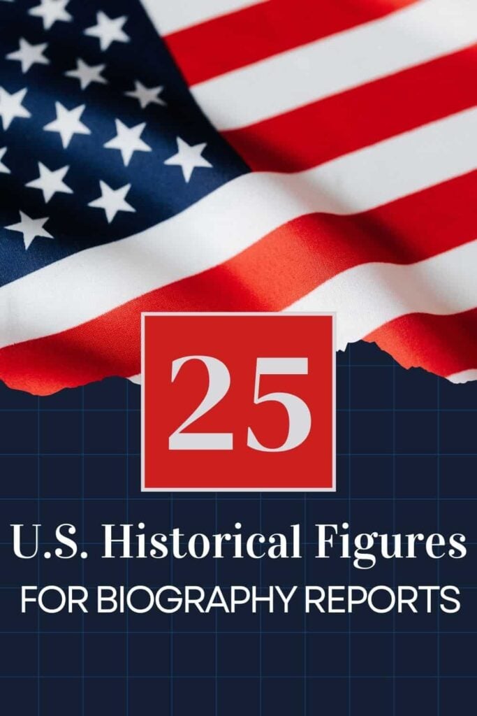 25 Influential U.S. Historical Figures for Biography Projects 1 A close-up of the U.S. flag with text overlay: 25 U.S. Historical Figures for Biography Reports on a dark blue background.