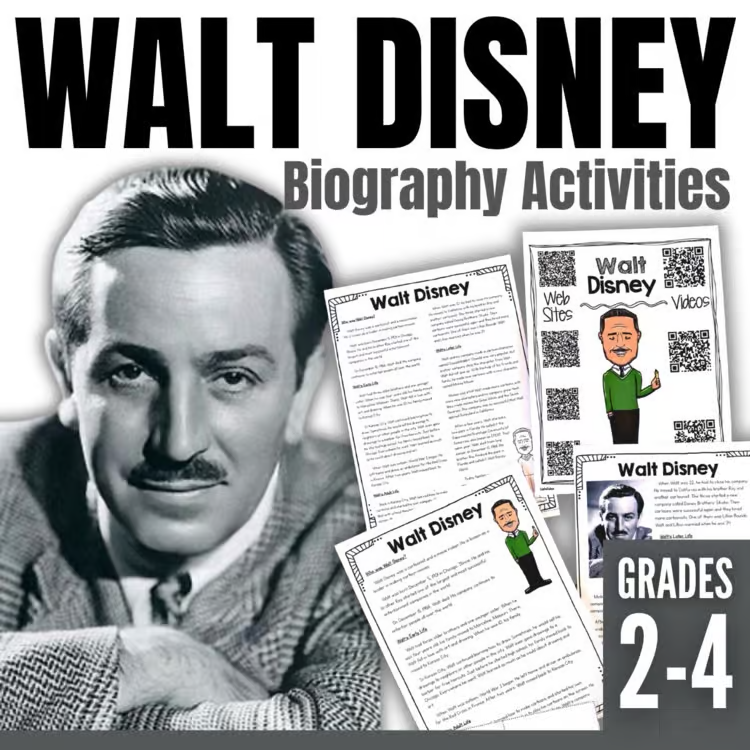 25 Influential U.S. Historical Figures for Biography Projects 5 Black-and-white photo of Walt Disney next to worksheets titled “Walt Disney Biography Activities.” The image also says Grades 2-4 and includes cartoon and worksheet illustrations related to Disney.