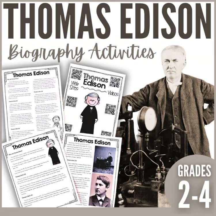 25 Influential U.S. Historical Figures for Biography Projects 4 A collage for Thomas Edison Biography Activities features worksheets, a cartoon and photos of Edison, and a large black-and-white image of Edison with equipment. Text reads GRADES 2-4 and mentions videos and websites.