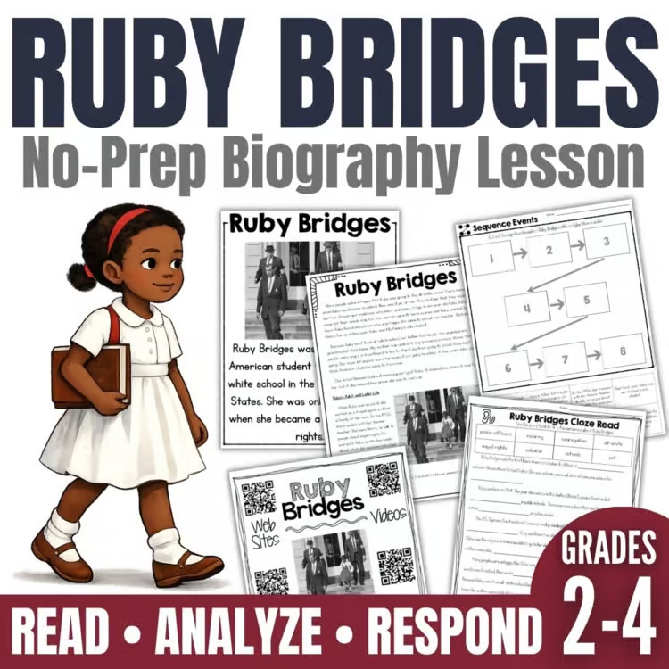 25 Influential U.S. Historical Figures for Biography Projects 3 Illustration of Ruby Bridges, a young Black girl in a white dress holding books, with worksheets about her biography for grades 2–4. Text highlights: No-Prep Biography Lesson, Read, Analyze, Respond.
