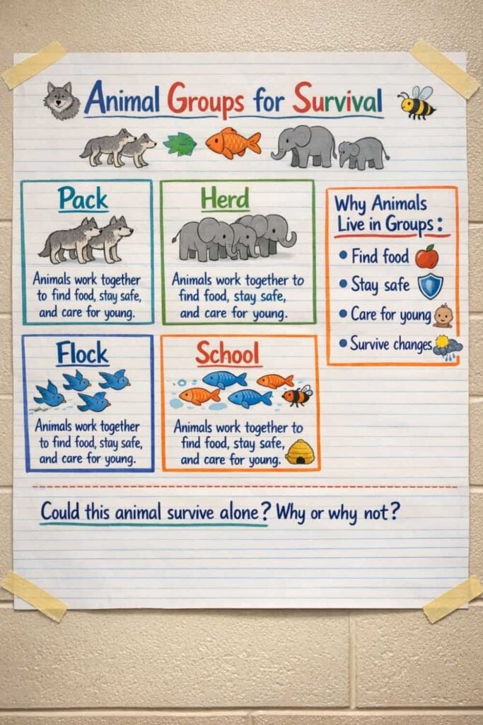 The Animal Groups Anchor Chart shows how animals survive in packs, herds, flocks, and schools for reasons like food, safety, and caring for young. A student question is included at the bottom.