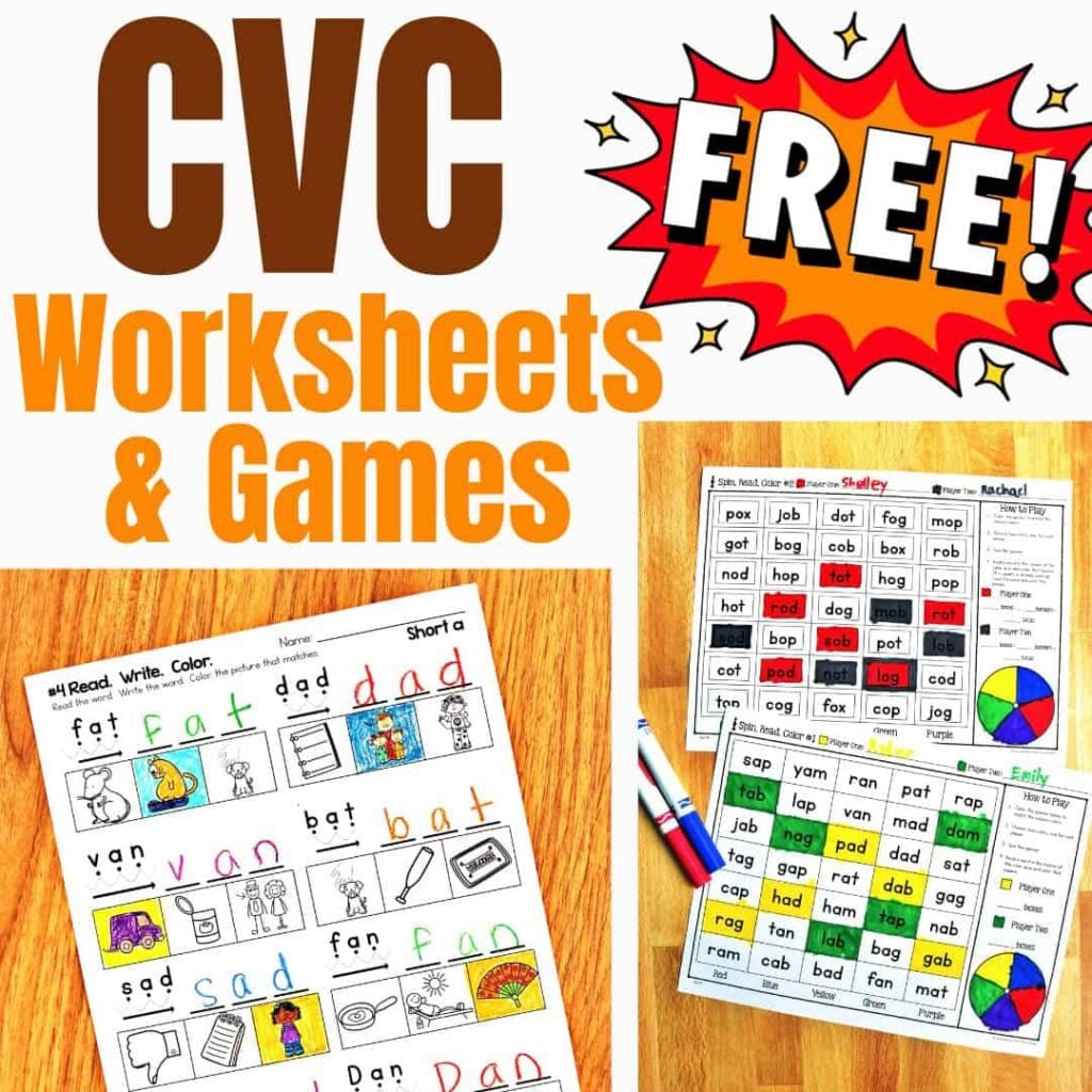 Image with bold text: COVER THUMB 8550527 FREECVC Worksheets (1), plus three CVC worksheets for coloring and reading practice&mdash;ideal for opt-ins or Flodesk email freebies&mdash;displayed on a wooden surface.