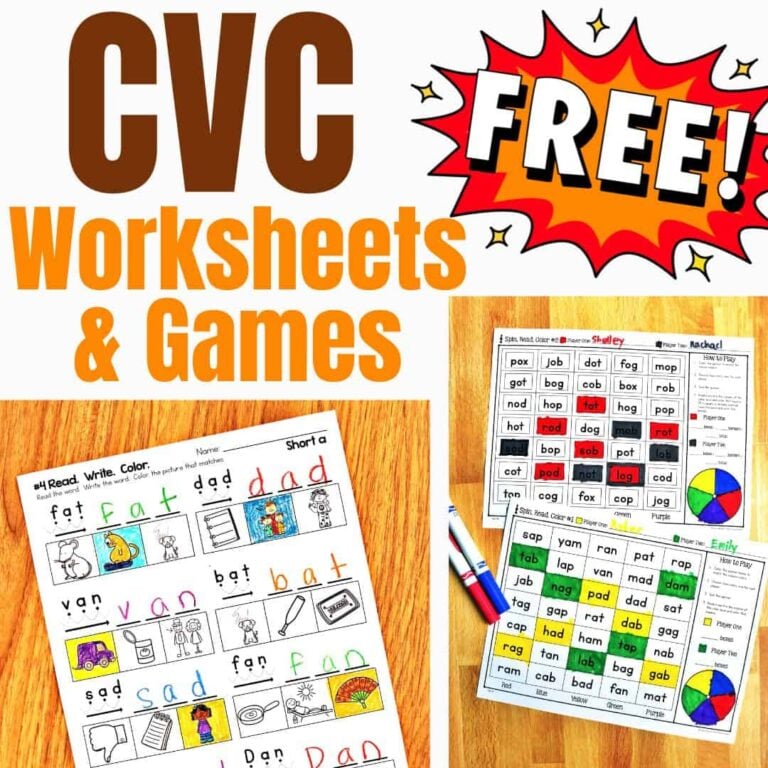 Image with bold text: COVER THUMB 8550527 FREECVC Worksheets (1), plus three CVC worksheets for coloring and reading practice—ideal for opt-ins or Flodesk email freebies—displayed on a wooden surface.