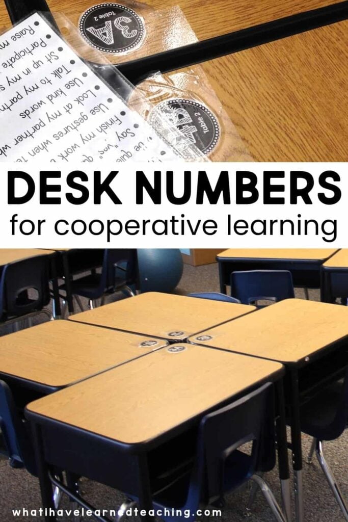 Numbered Heads Together Strategy: A Simple Cooperative Learning Routine That Gets Every Student Involved 2 Four student desks arranged in a group, each displaying a laminated Desk Numbers card for cooperative learning and numbered heads together. Classroom chairs are positioned around the desks.