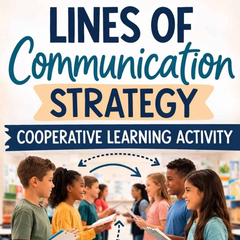 Eight children stand in two lines facing each other in a classroom, holding clipboards. Text above them reads, Lines of Communication (1): Cooperative Learning Activity. Arrows indicate the lines of communication between them, highlighting how information flows during this cooperative exercise.